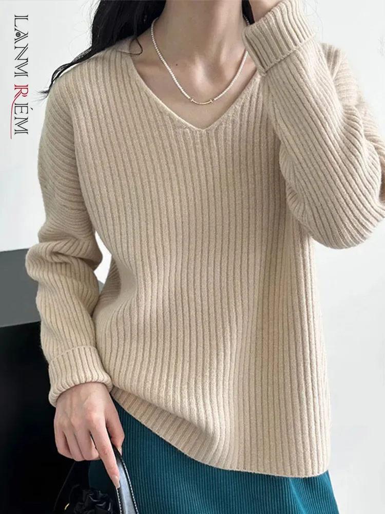 

Однотонный простой вязаный свитер LANMREM для женщин, повседневные свободные топы в Корейском стиле с V-образным вырезом и длинным рукавом, новинка зимы 2023, 26D6500