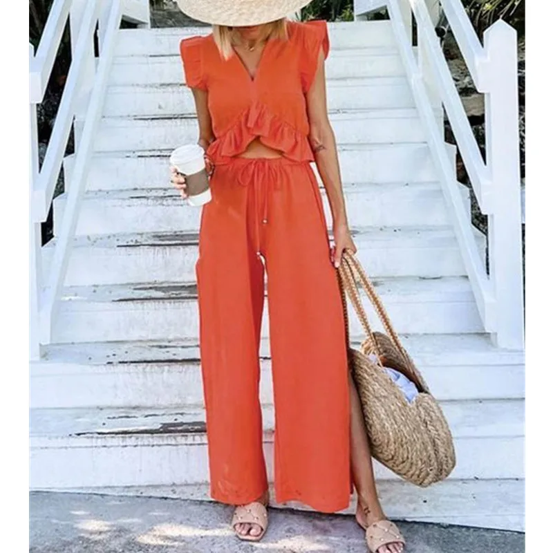 

Sexy V-neck Ruffle Irregular Blouse Trousers Set Women Casual V-neck Top Wide Leg Pant Suit Female 2022 Summer New Lady Outfits
