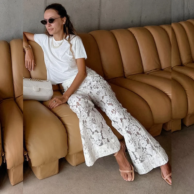 DGLUKE белые кружевные брюки для женщин сексуальные прозрачные расклешенные модные
