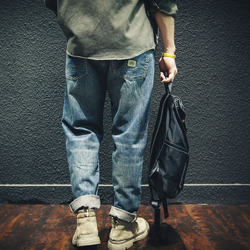 Streetwear Men 2022 Fashion New Pattern Vintage Recreational Blue Jeans Loose Straight Cylinder Broad Leg Trousers Autumn Female
