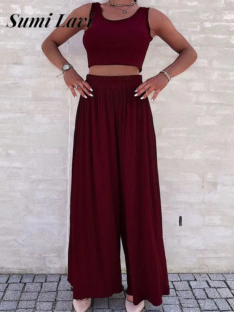 

Women Casual Ribbed Two-Piece Sets Summer Ladies Sleeveless Vest Tops&Long Wide Leg Pants Set Elegant O-Neck Solid Leisure Suits