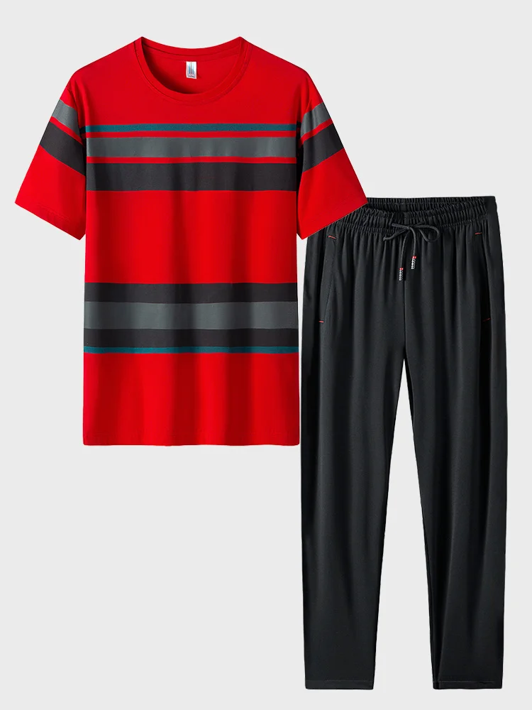 

Костюм спортивный мужской полосатый из 2 предметов, футболка и штаны, дышащая спортивная одежда, прямой свободный строгий костюм, 8XL, на лето