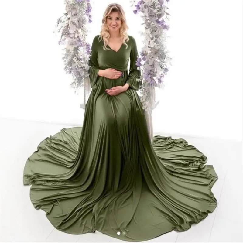 

Однотонные зеленые эластичные платья для беременных женщин с длинным рукавом Детское платье для душа элегантные платья для выпускного вечера