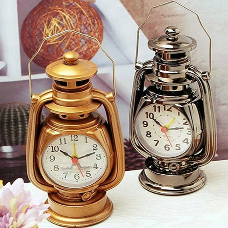 Medieval Retro Kerosene Light Alarm Clock Vintage Creative Oil Lamp Watch Home Office Decoration Desktop Table Clocks Ornament