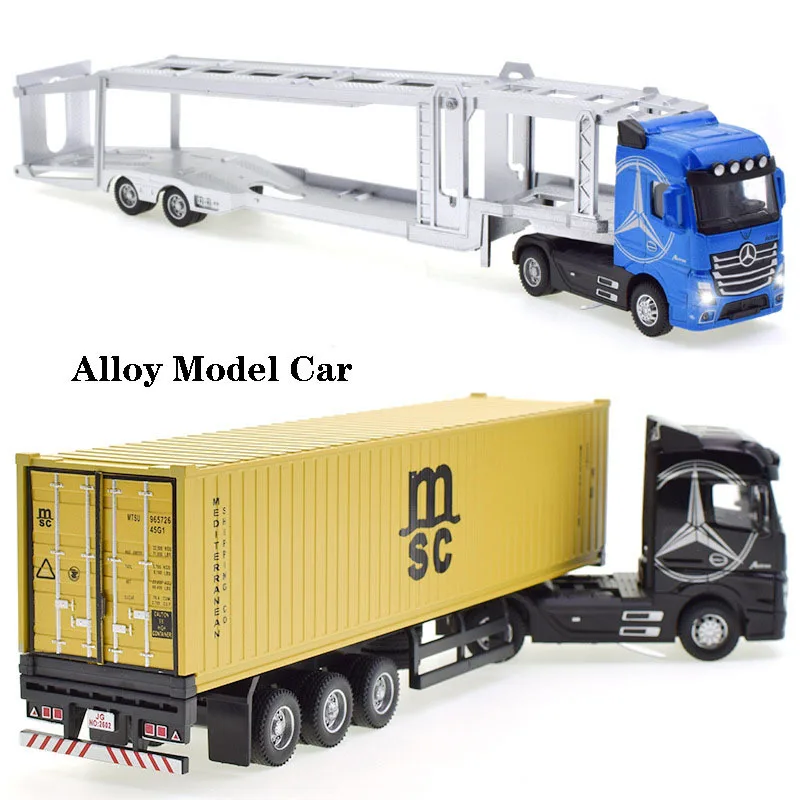 1:50 Container Truck Pull Back With Light Engineering Transport Vehicle Diecast Alloy Truck Head Model Toy Boy Toys For Children