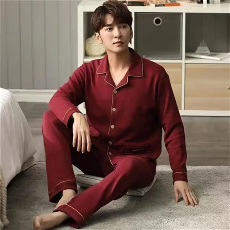 Pajamas Set Men 100% Cotton Spring Sleepwear Plus Size Full Sleeve Long Pants Striped Pyjamas Suits Male Homewear Lounge Wea