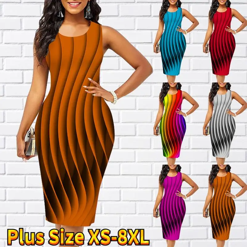 

Women's Dress Shift Slim Fashion Sexy Female Knee Length Midi Skirts Unique Design Stripe Fold 3D Print Sleeveless Clothing 2023