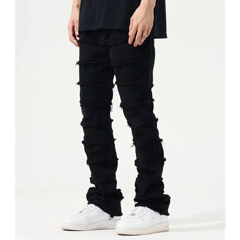 Streetwear Men Autumn and Winter New Pattern Layered Fringed Blue Pencil Pants Vintage Recreational Sense of Design Jeans Female