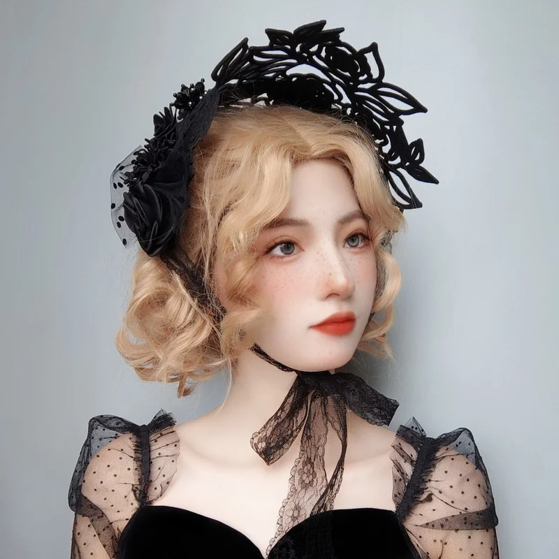 

Halloween Witches Tiara Hat Black Witches Death Bonette Flat Hat Lace Flower Ballroom Performance Role Play French Hat Headband