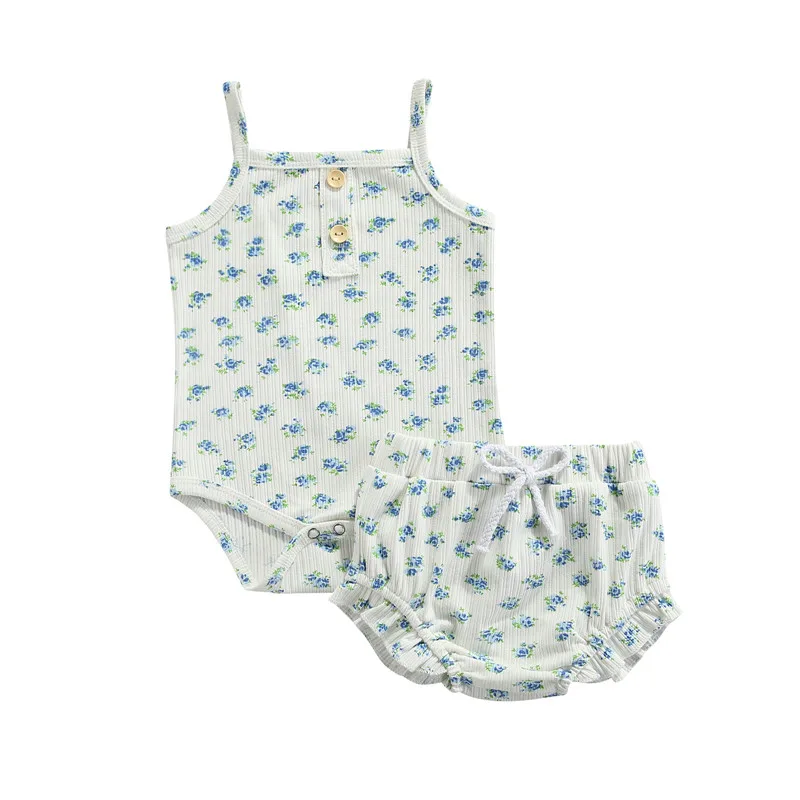 

2 Pieces Kids Suit Set Girls Flower Print Off Shoulder Sleeveless Romper+ Ruffled Short Pants 0-18 Months