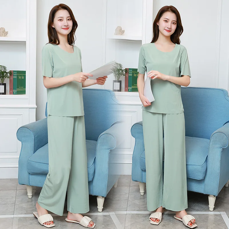 Suit Sleepwear Women Short-Sleeved Trousers Pajamas Homewear Suit Women's Loose Ice Silk Short Sleeve Soft Wide-Leg Pants