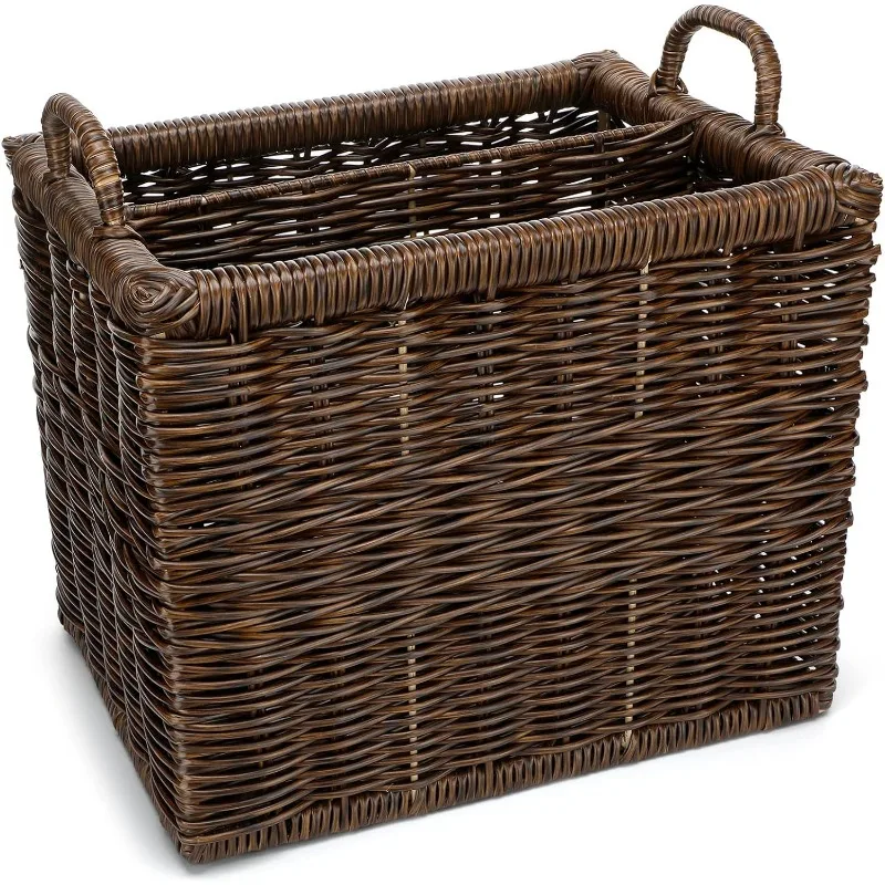 

Корзина для журналов, плетеная разделенная корзина для журналов, прямоугольный Плетеный держатель для газет, 15,4x12x12,6 дюймов, античный ореховый коричневый