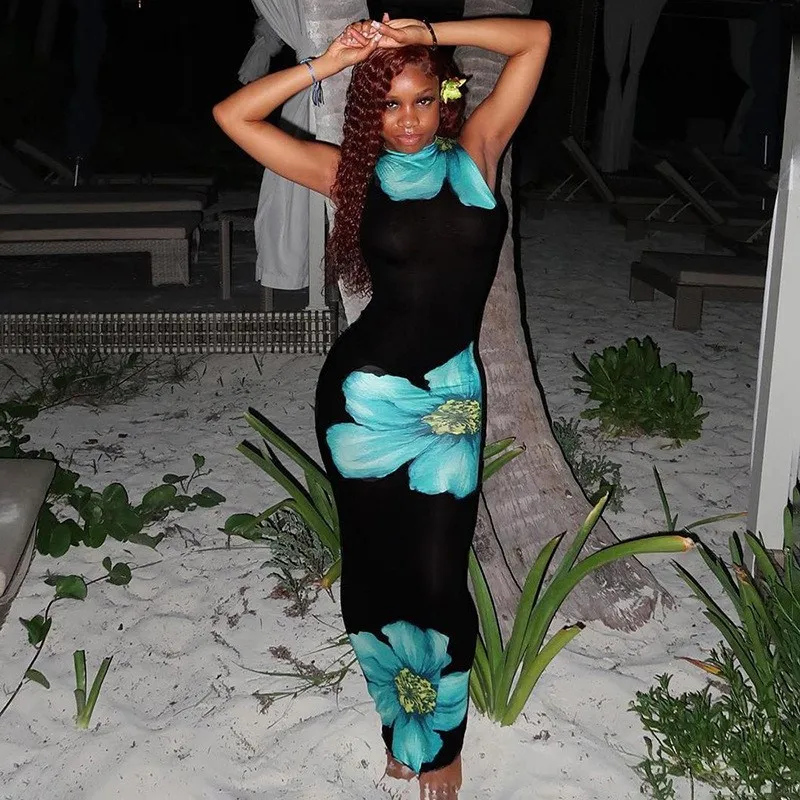 

Summer Dress Women 2023 Trendy Pareo Beach Clothes For New Basic Leisure Print Sleeveless Slim One Floral Spandex Cover Up