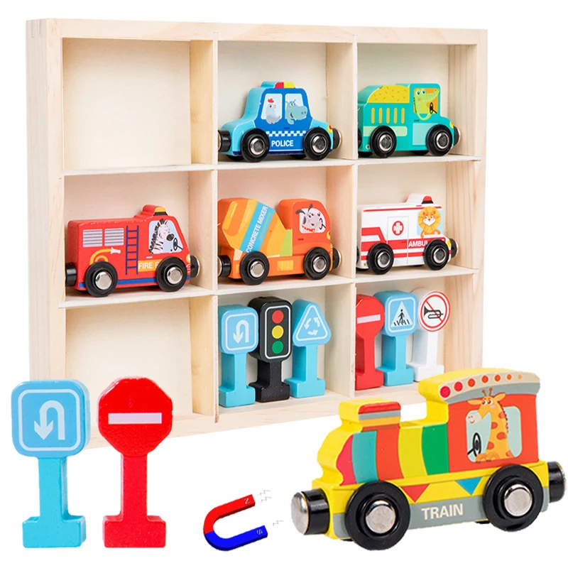 

DIY Parking Toys Magnetic Traffic Sign Truck Vehicle Cognition Montessori Educational Wooden Pull Small Train Kids Preschool Toy