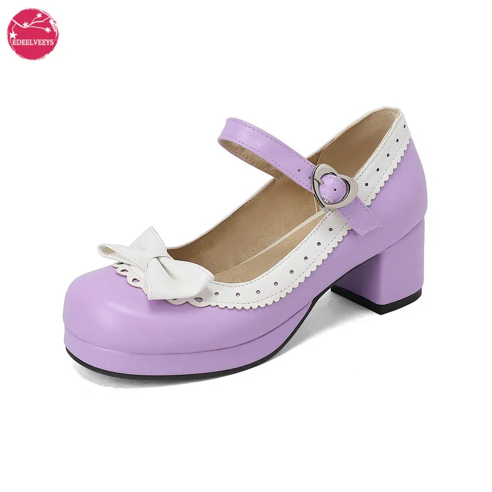 Women's Platform Mary Jane Pumps with Mid Chunky Heel Dance Party Cute Lolita Cosplay Shoes Bowknot Delicate Lace Trim Plus Size