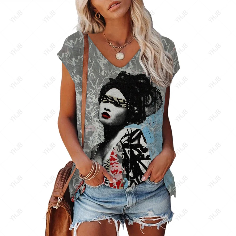 

Женская футболка с коротким рукавом, V-образным вырезом и принтом