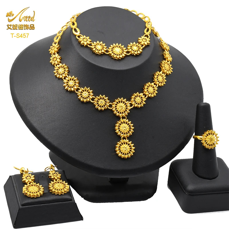 

ANIID Indian Gold Plated Jewelry Set 24K Bridal Wedding Dubai Necklace And Earrings For Women Copper African Jwellery Party Gift