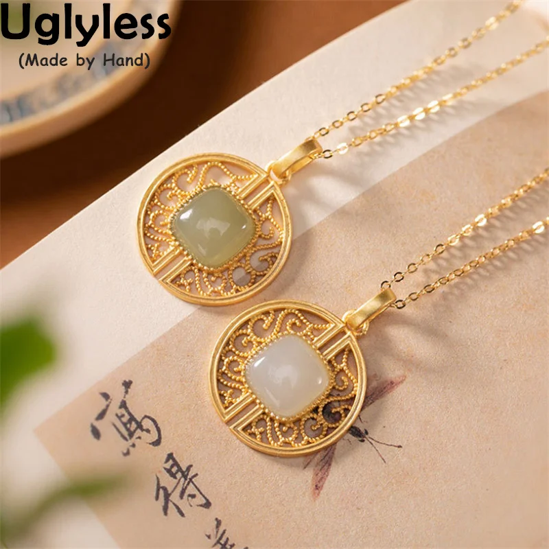 

Uglyless Hollow Grilles Medal Pendants for Women Ethnic Vintage China Chic Gold Necklaces Square Jade 925 Silver Jewelry NOChain