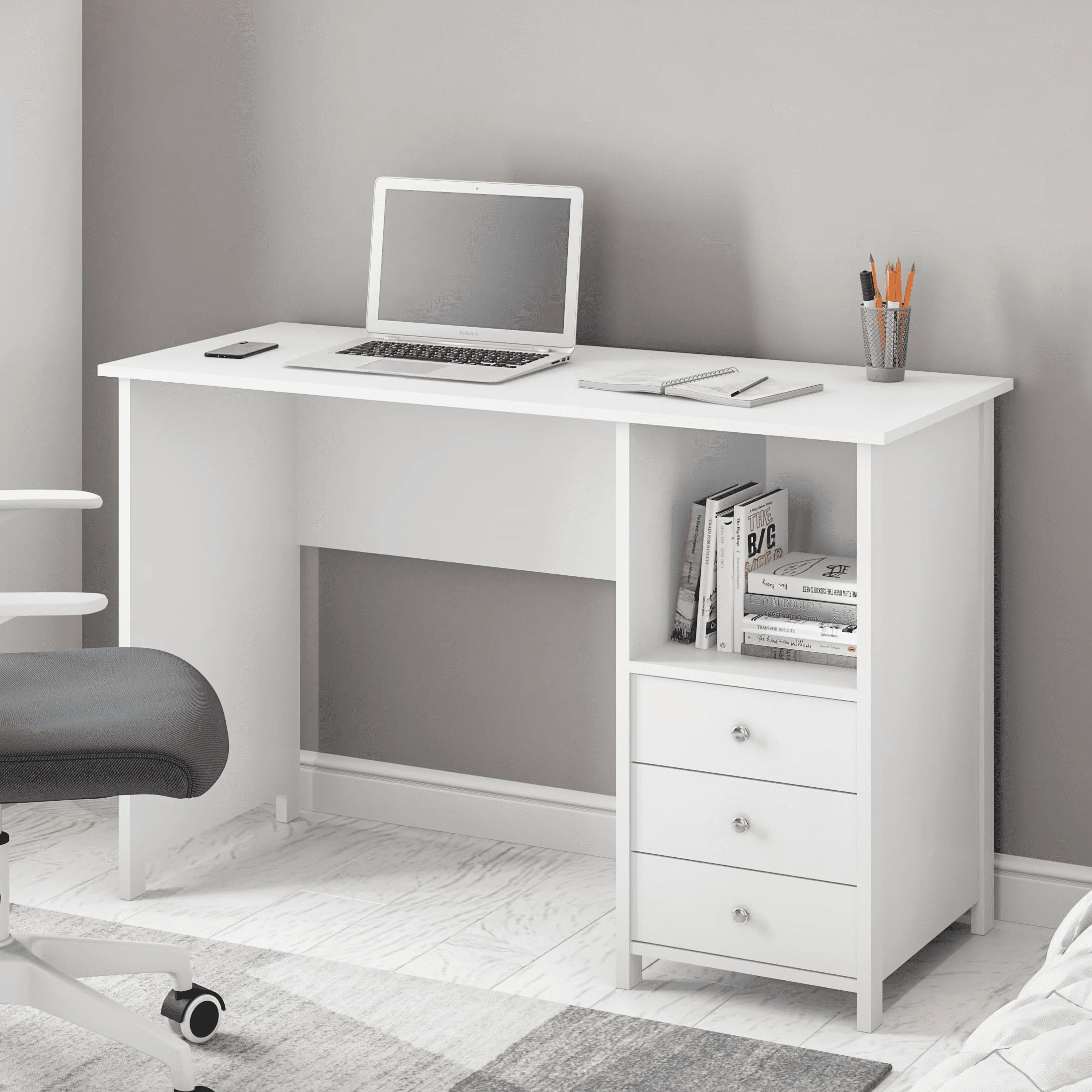 

Современный стол Techni furniture с 3 ящиками для хранения, изготовлен из прочной древесины, большой объем хранения, белый