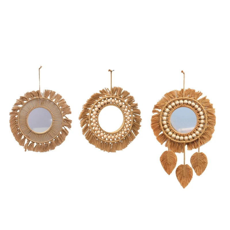 

Nordic Wall Hanging Mirror Handwoven Macrame Tapestry Ornament Crafts for Home Bathroom Bedroom Makeup Porch Mirrors