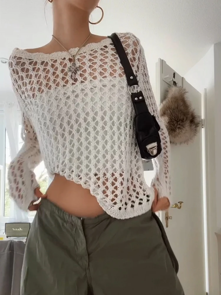 

Casual White Sweater Pullovers Hollow Out Fishnet Summer Fashion Loose Smock Long Sleeve y2k Holes Shirt Women Harajuku