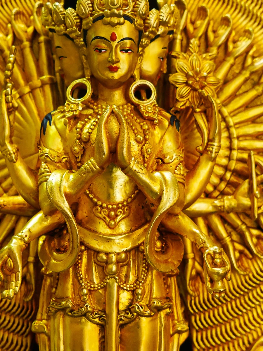 31 см Изысканная медная позолоченная резная искусственная кожа Тибет Кван-инь