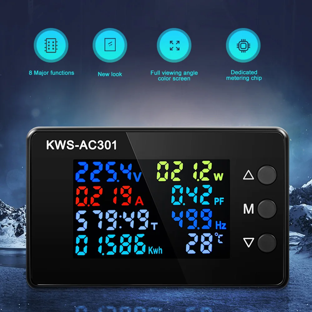 

KWS-AC301 Wattmeter Power Meter Voltmeter AC 50-300V Voltage 50-60HZ Power Analyzers LED AC Electricity Meter 0-20/100A Detector