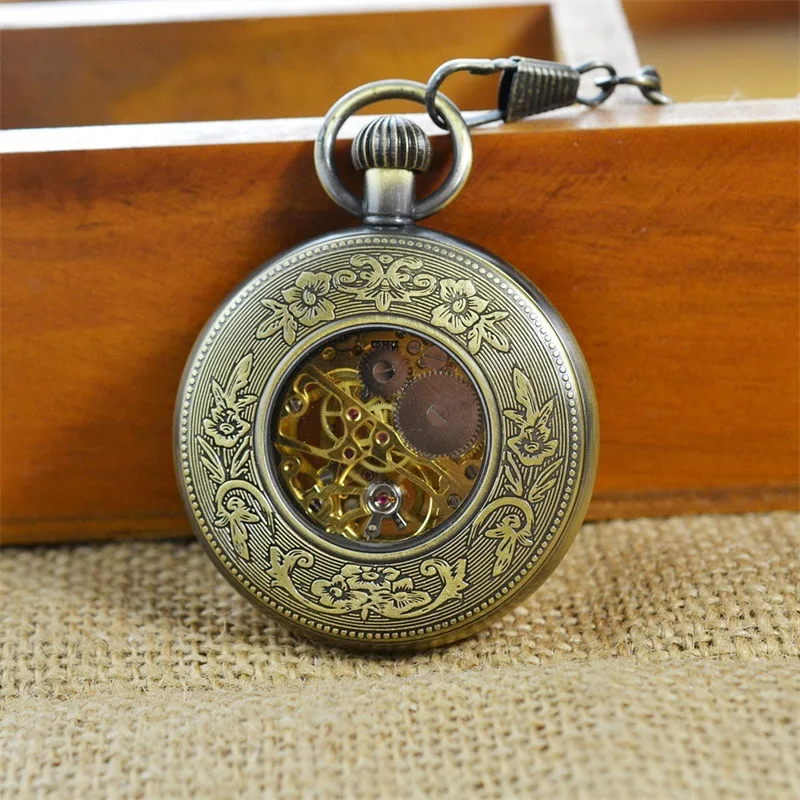 Luxury Mechanical Bronze Carving Pocket Watch for Men Women Steampunk Flower Engraved Case Roman Numeral Fob Chain Pendant Clock