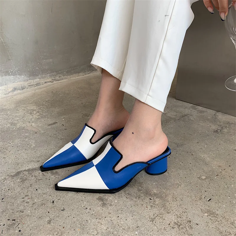 

New Pointed Toe Women Slippers Fashion Plaid Slip on Mules Shoes Round Low Heel Ladies Slides Sandal Sandaleas De Mujer