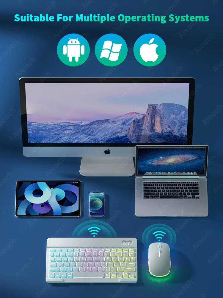 Фото Bluetooth-совместимая планшетная клавиатура AIEACH с радужной подсветкой для Android iOS Windows №4