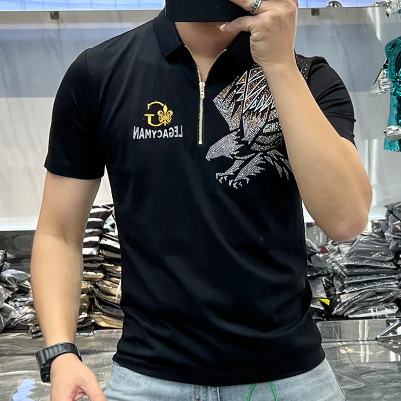 

Men Luxury Embroidered Rhinestones Shorts Sleeve Lapel Tee Tops 2022 Summer Polo Shirts Slim Fit Casual Business Social Polos