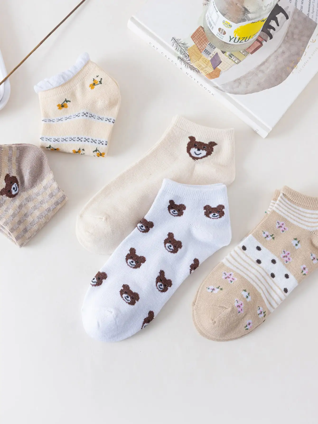 5 Pairs Women Low Tube Socks Set Cute Bear Pattern Fashion Breathable For Female Casual Style Comfortable Socks