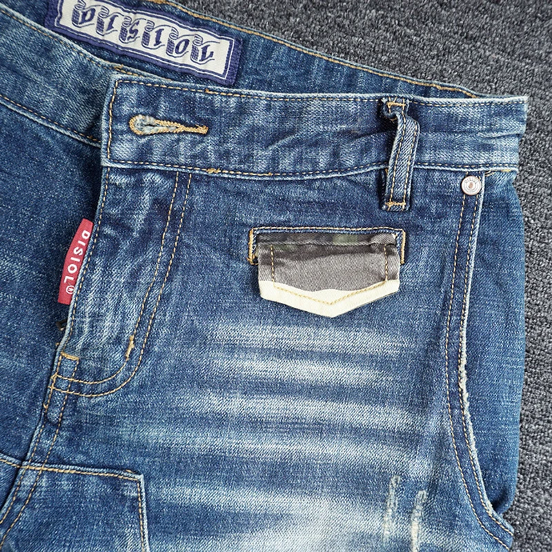 Street Fashion Vintage Men Jeans Retro Blue Stretch Slim Fit Spliced Designer Patch Ripped Jeans Men Hip Hop Biker Pants Hombre