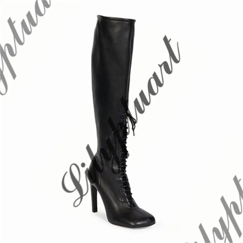 Autumn Women's Fashion Leopard Print Knee Boots PU Leather Lace Up High Heels Boots Square Toe Large Size 43 Knee High Boots