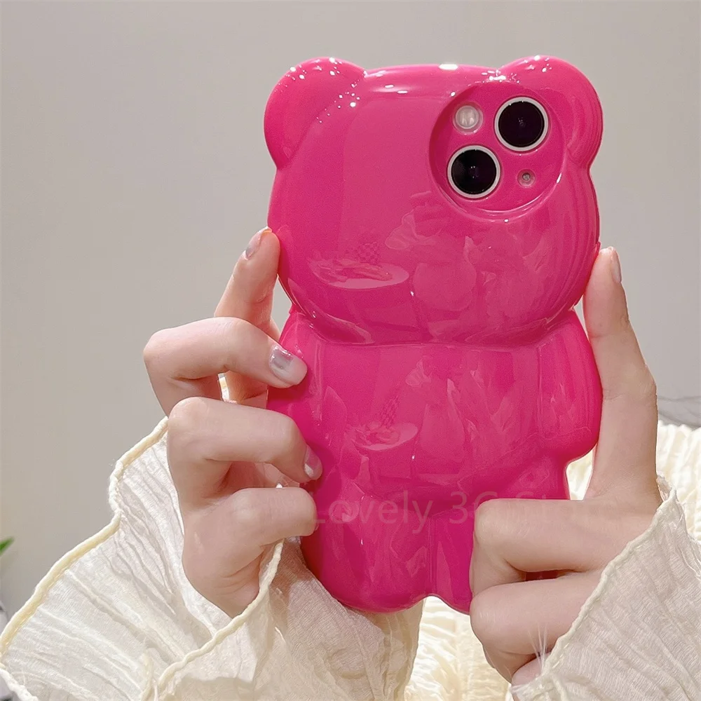 

INS Cute 3D Bear Fluorescent Neon Case For iPhone 14 13 12 11 Pro Max XR XS Shockproof Soft Silicone Candy Cover Protection Capa