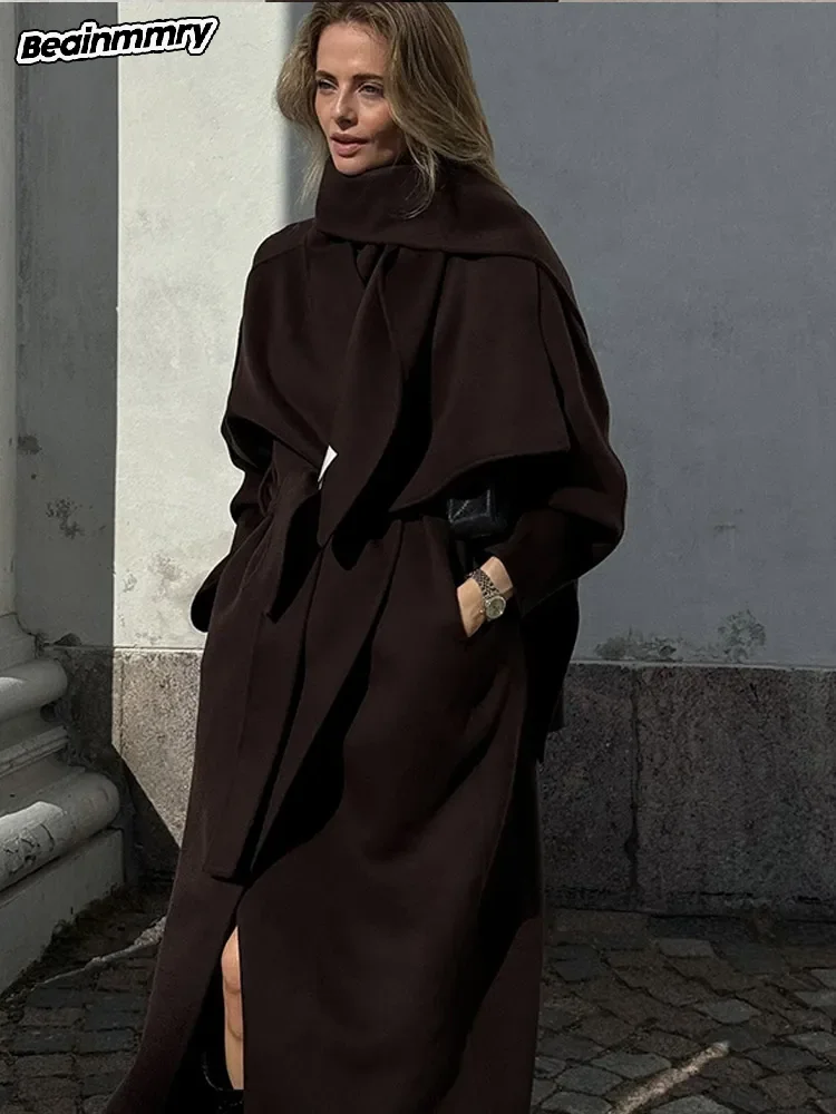 2024 винтажное коричневое женское пальто с шарфом и воротником поясом модная