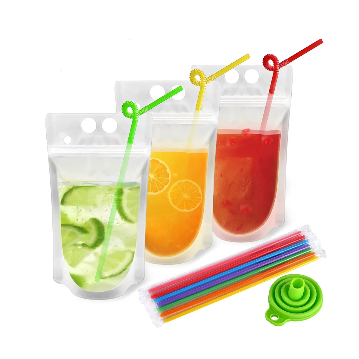 

100Pcs Reusable Drink Pouches with 100 Individually Wrapped Straws for Adults Clear Drink Bags with Disposable