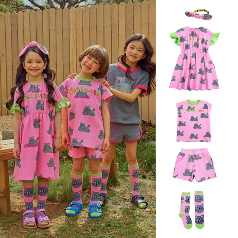 

Летняя детская одежда 2023, новый бренд, корейский дизайн, розовое платье с принтом кошки, пуловер, шорты, комплекты для девочек и мальчиков, де...