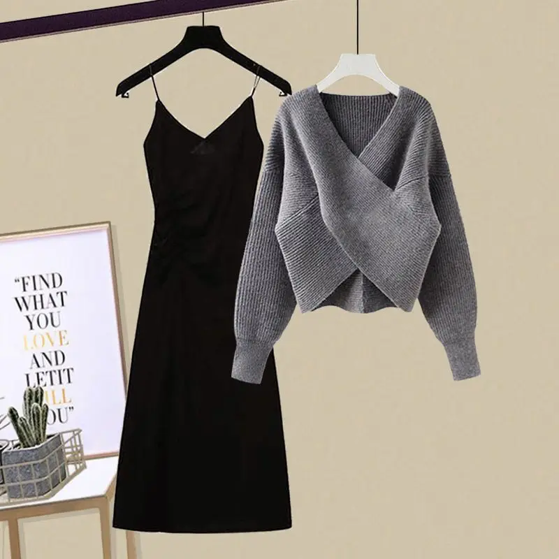 

Women's Spring Autumn New Fashion V-Neck Sweater Knitted Dress Two Piece Korean Elegant Top Matching Set Female Suit