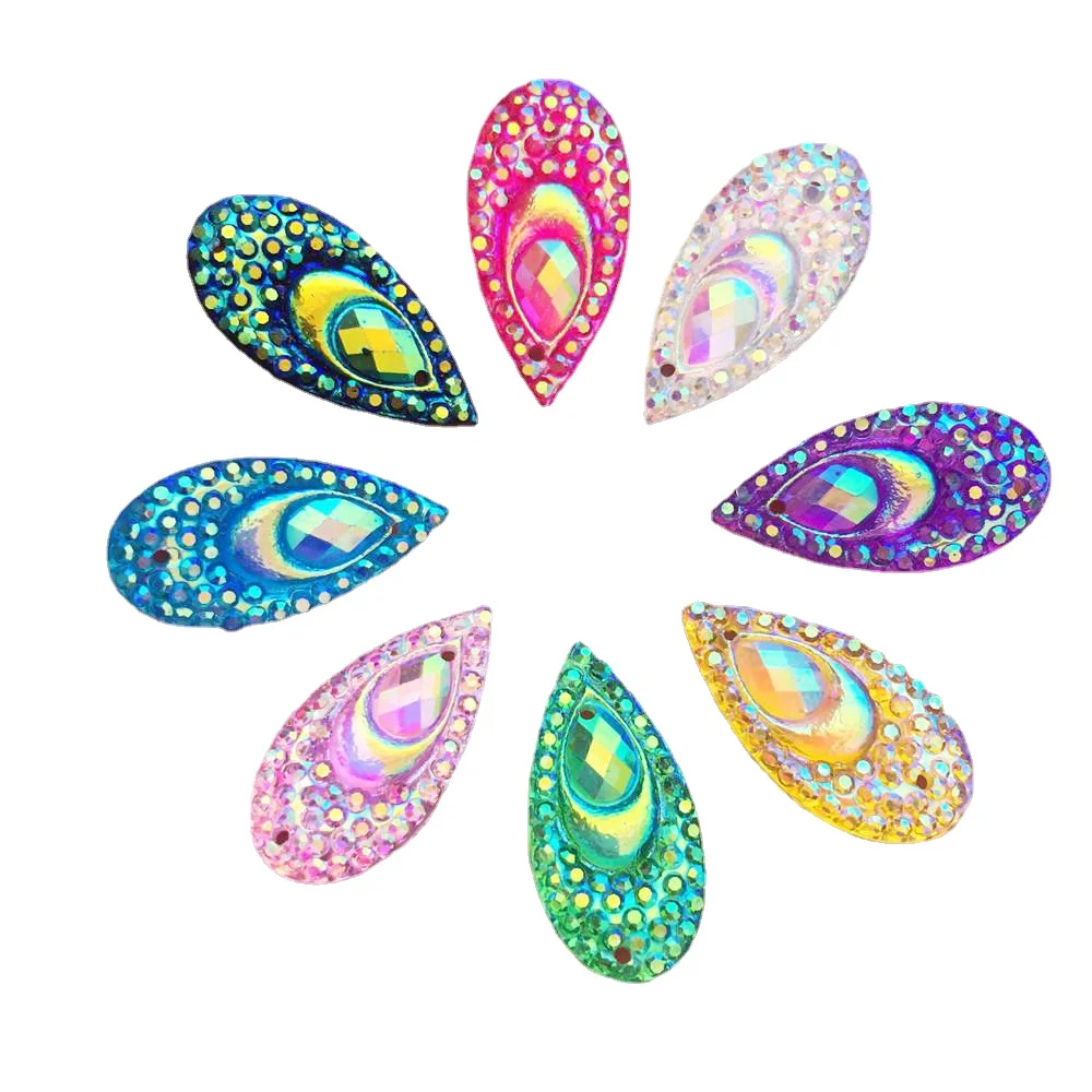 

100PCS AB Resin 10*20mm Teardrop crystals Peacock eye Flatback Rhinestone 2 Hole Applique Wedding DIY Craft Scrapbook SK83