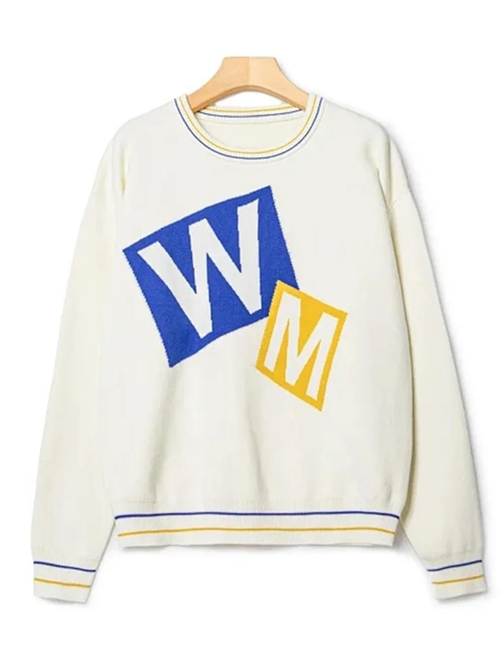 

Letter Print Women Knit Sweater Top Stripes Long Sleeve Loose Round Neck Female Jumper Autumn 2023