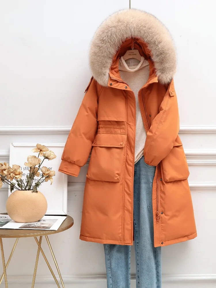 New Women Fox fur collar Long Down Jacket Casual Style  Autumn Winter Coats And Parkas Female Outwear