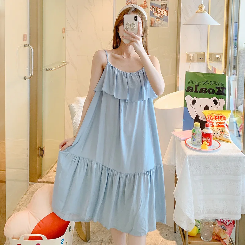 Night Wear Summer Sleepwear Dress Cotton Silk Night Gown For Women Sling Sexy Nightdress