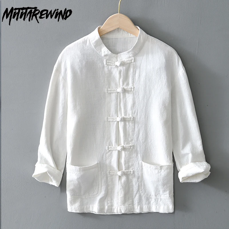 

Рубашка мужская с длинным рукавом, хлопок рами, пряжка, воротник-стойка, на пуговицах, свободная Повседневная блуза в китайском стиле, ретро, осень