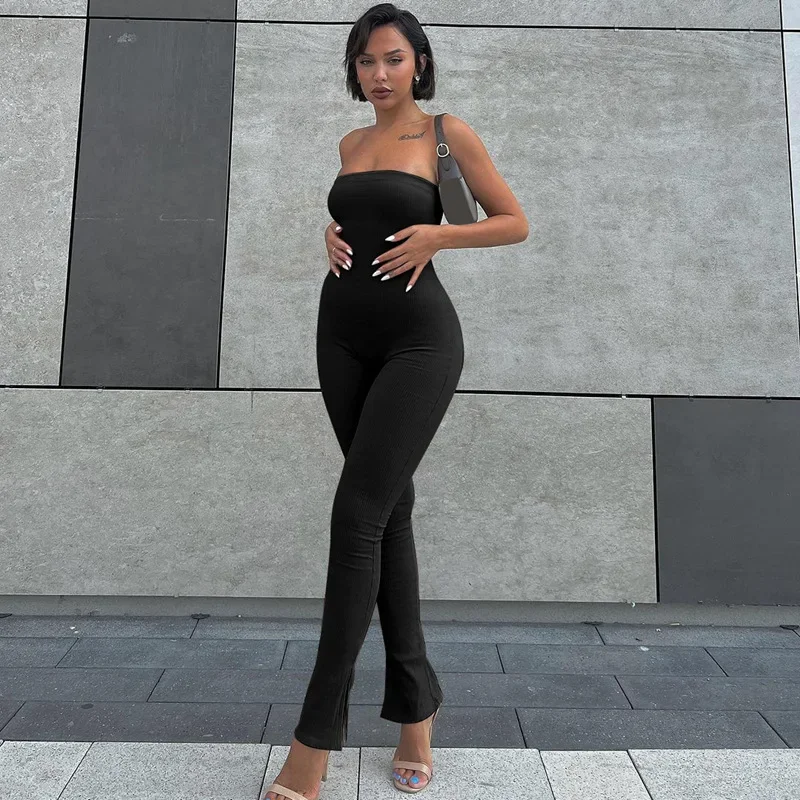

Adogirl 2023 Autumn New Women Fashion Off-the-shoulder Solid High Waist Skinny Sexy Chest Wrap Jumpsuit Street Casual Clothes