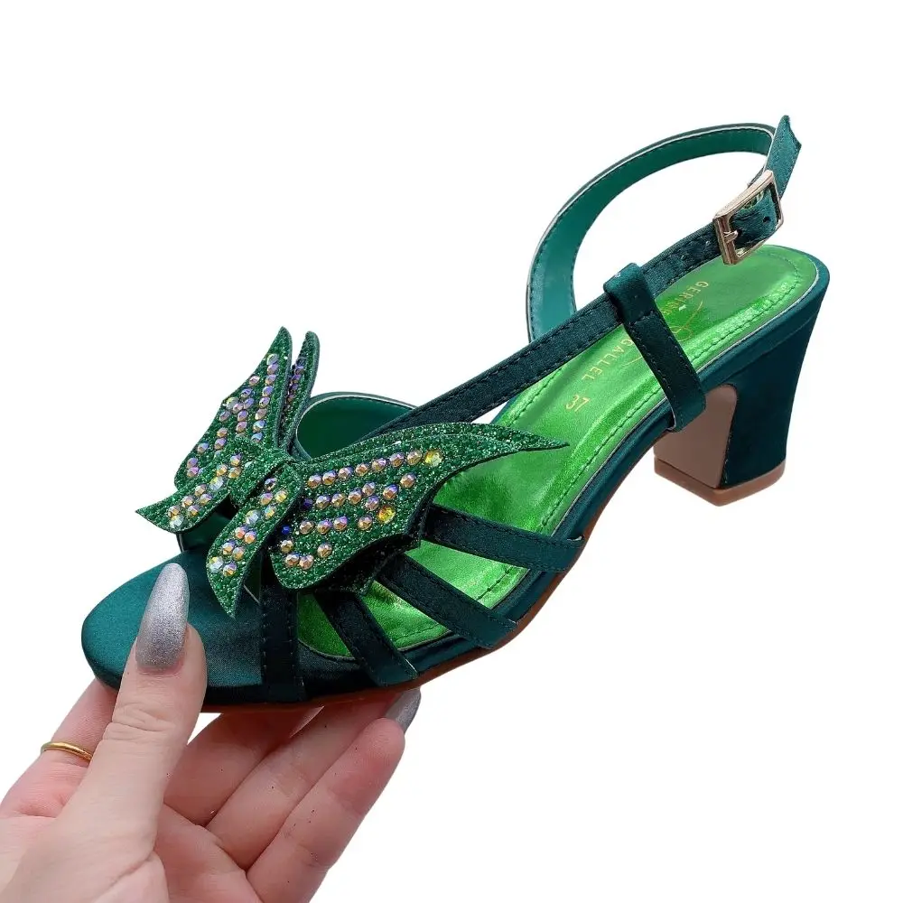 Italian Sexy Women Designer Sandals Slingbacks Butterfly Decor Rhinestone Chunky Sandals Fashion Medium Heels Lady Sandal Woman