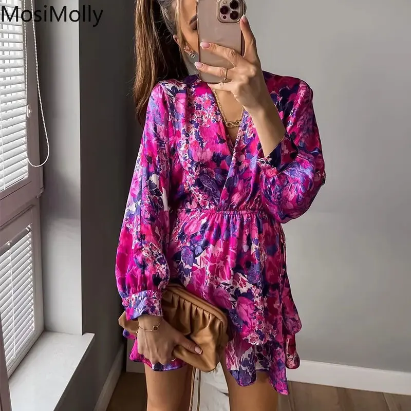 

MosiMolly Ruffle Dress Women V Neck French Dress Long Sleeve Mini Dress Chic Print Loose Dress Party Club Dress Female Vestidos