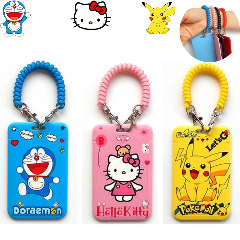 

Kawaii Cartoon Doraemon Pikachu Kitty Cat Card Cover with Elastic Rope Anime Credit Id Bus Card Protect Case Office Supplies Abs