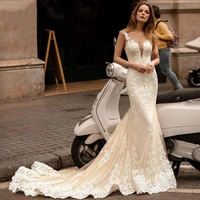 sexy deep v neck wedding dress with lace appliques beach backless bridal gown sleeveless illusion button train vestidos de novia