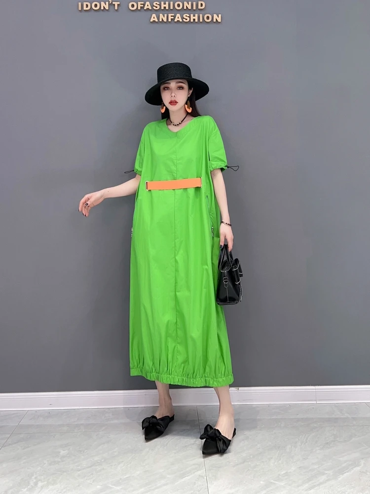 

SuperAen 2022 Spring New Fashion Casual Waist Loose Oversized O-Neck Puff Sleeve A-LINE Dresses for Women